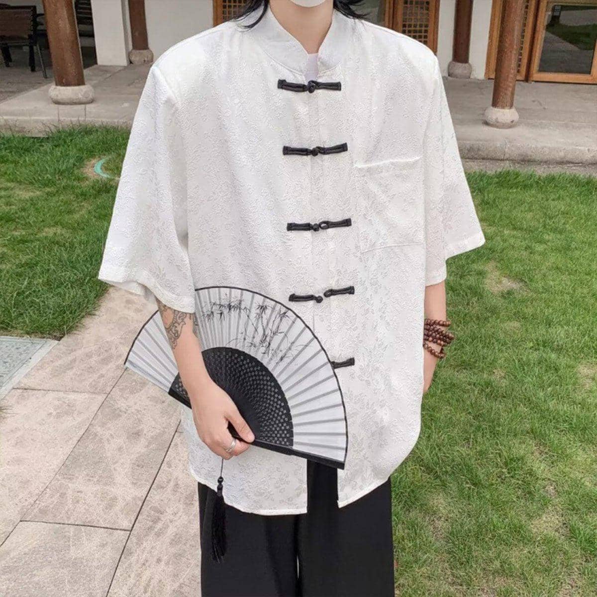Men's Chinese Style Short Sleeve Shirt, Loose Summer Zhongshan Top - White, XL - view 5