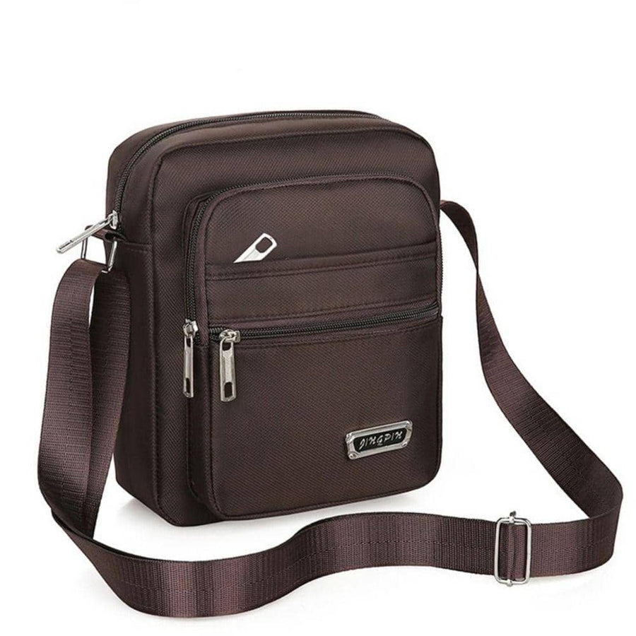Men's Crossbody Shoulder Bag, Polyester - Brown, 4 Zips