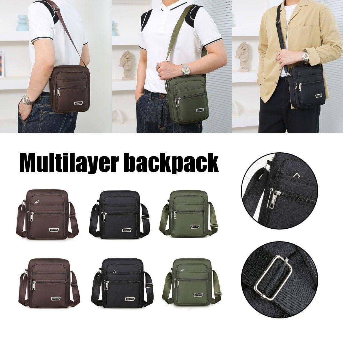 Men's Crossbody Shoulder Bag, Polyester - Green, 4 Zips - view 2