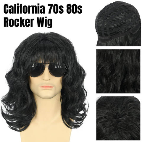 Men's Curly Rocker Wig, 70s and 80s Style Medium Length Black Costume Wig