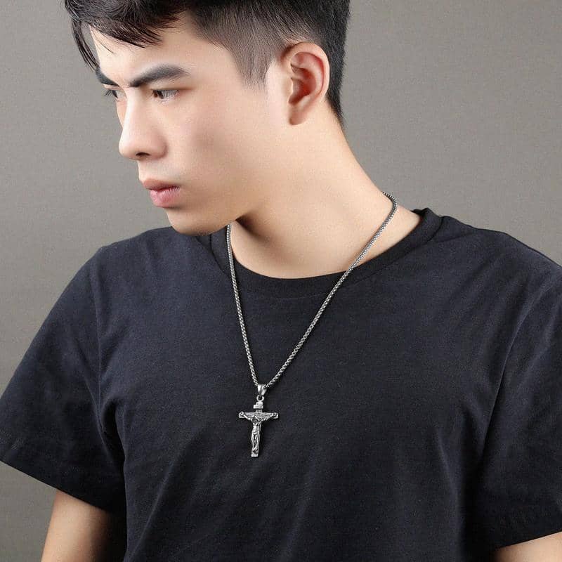 Men's Jesus Crucifix Pendant Necklace, Gold and Black - With 55 cm Rolo Chain - view 5