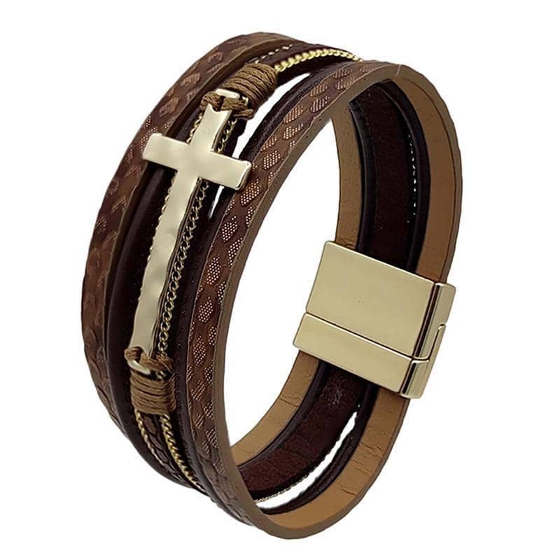 Men's Multi-Layer Leather Cross Bracelet - Coffee Brown