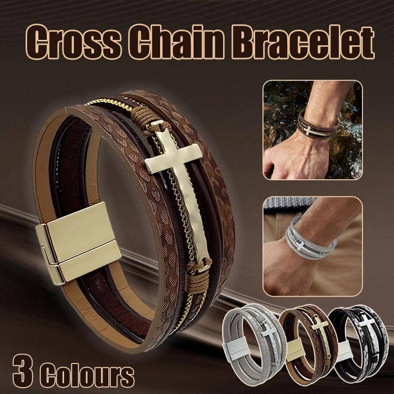 Men's Multi-Layer Leather Cross Bracelet - Coffee Brown - view 2