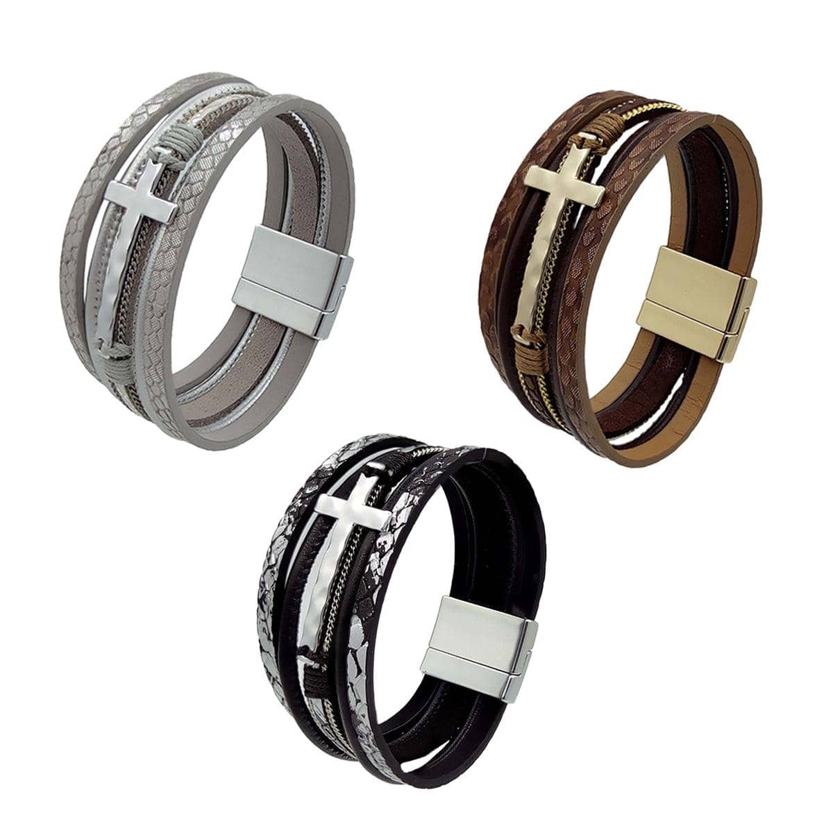 Men's Multi-Layer Leather Cross Bracelet - Coffee Brown - view 3