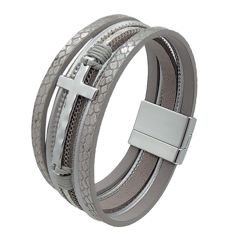 Men's Multi-Layer Leather Cross Bracelet - Silver Grey