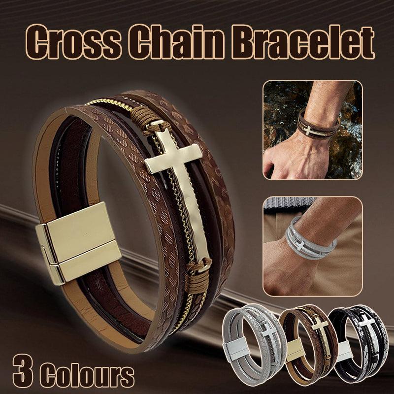 Men's Multi-Layer Leather Cross Bracelet - Silver Grey - view 2