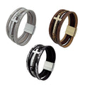 Men's Multi-Layer Leather Cross Bracelet - Silver Grey - view 3