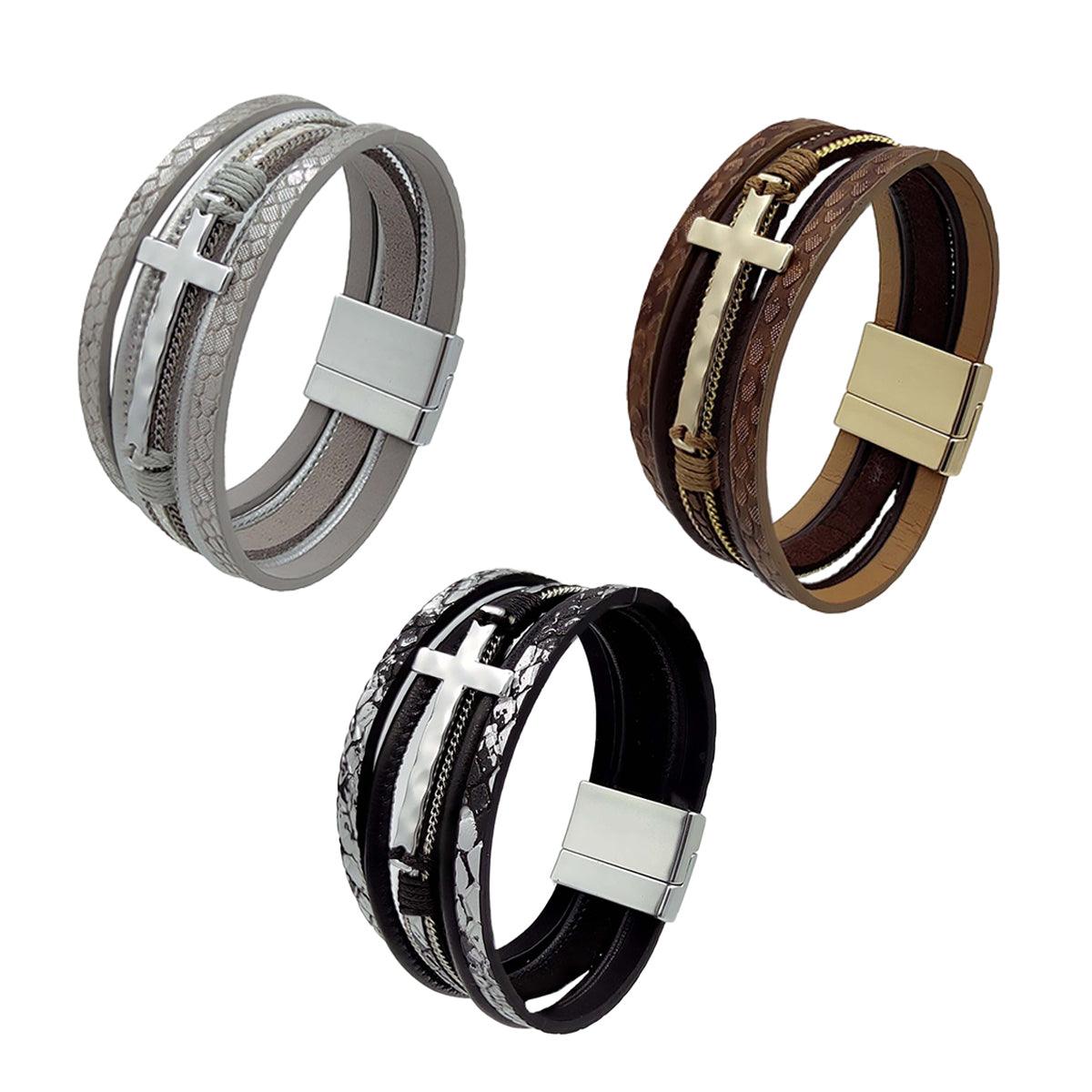 Men's Multi-Layer Leather Cross Bracelet - Silver Grey - view 3
