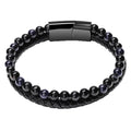 Men's Natural Stone Beaded Bracelet, Cowhide Rope - Blue Stone