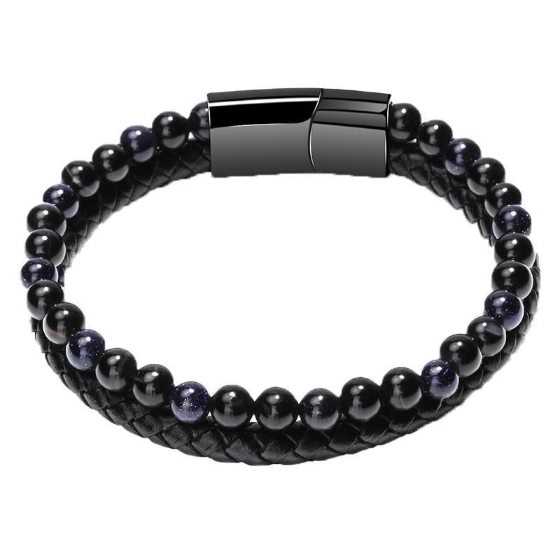 Men's Natural Stone Beaded Bracelet, Cowhide Rope - Blue Stone