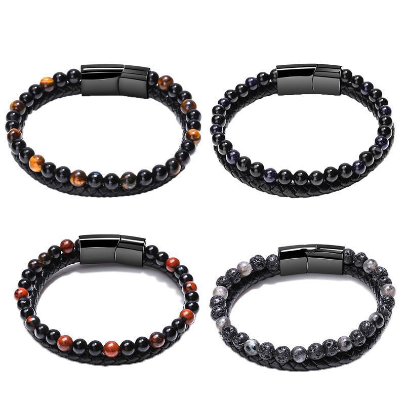 Men's Natural Stone Beaded Bracelet, Cowhide Rope - Blue Stone - view 3