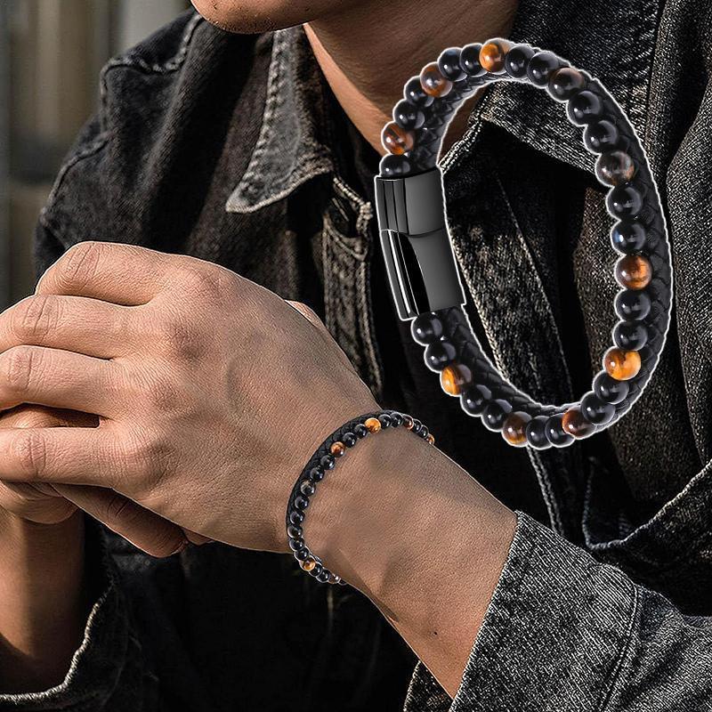 Men's Natural Stone Beaded Bracelet, Cowhide Rope - Blue Stone - view 4
