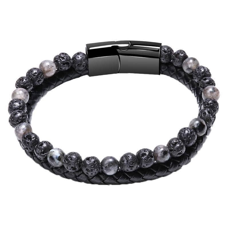 Men's Natural Stone Beaded Bracelet, Cowhide Rope - Grey Lava