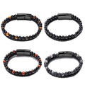 Men's Natural Stone Beaded Bracelet, Cowhide Rope - Grey Lava - view 3