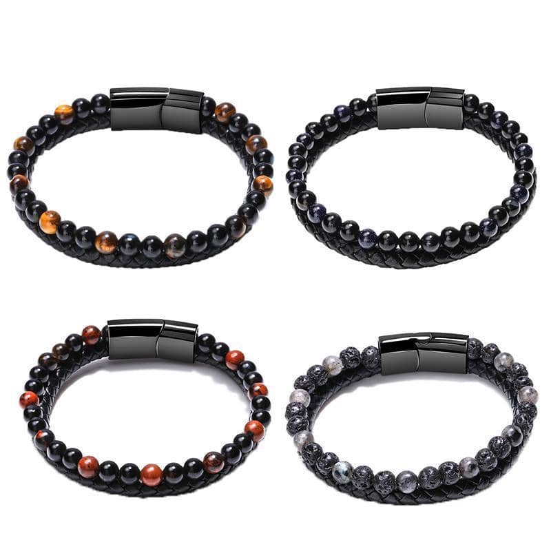 Men's Natural Stone Beaded Bracelet, Cowhide Rope - Grey Lava - view 3