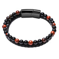 Men's Natural Stone Beaded Bracelet, Cowhide Rope - Red Tiger Eye