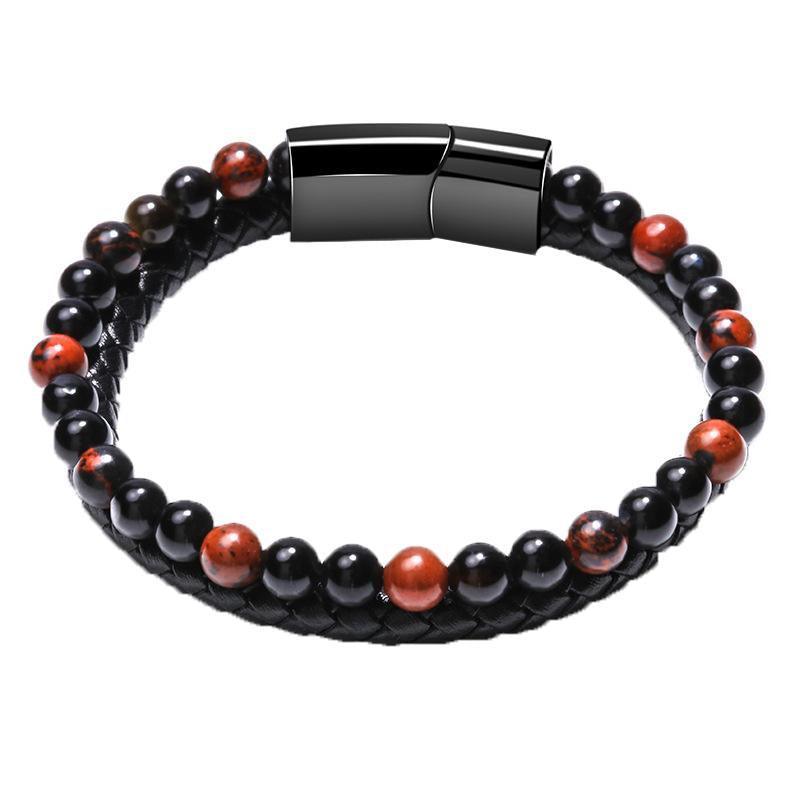 Men's Natural Stone Beaded Bracelet, Cowhide Rope - Red Tiger Eye