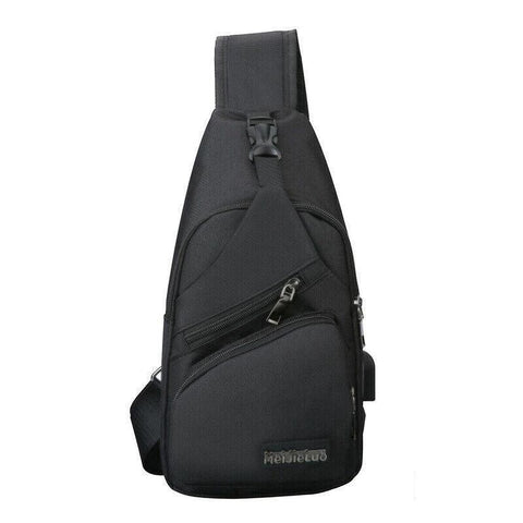 Men's Nylon Chest Bag Crossbody Sling with USB Interface - Black