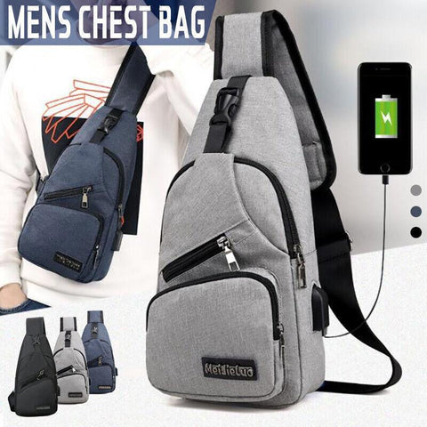 Men's Nylon Chest Bag Crossbody Sling with USB Interface - Black - view 2
