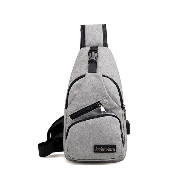Men's Nylon Chest Bag Crossbody Sling with USB Interface - Grey