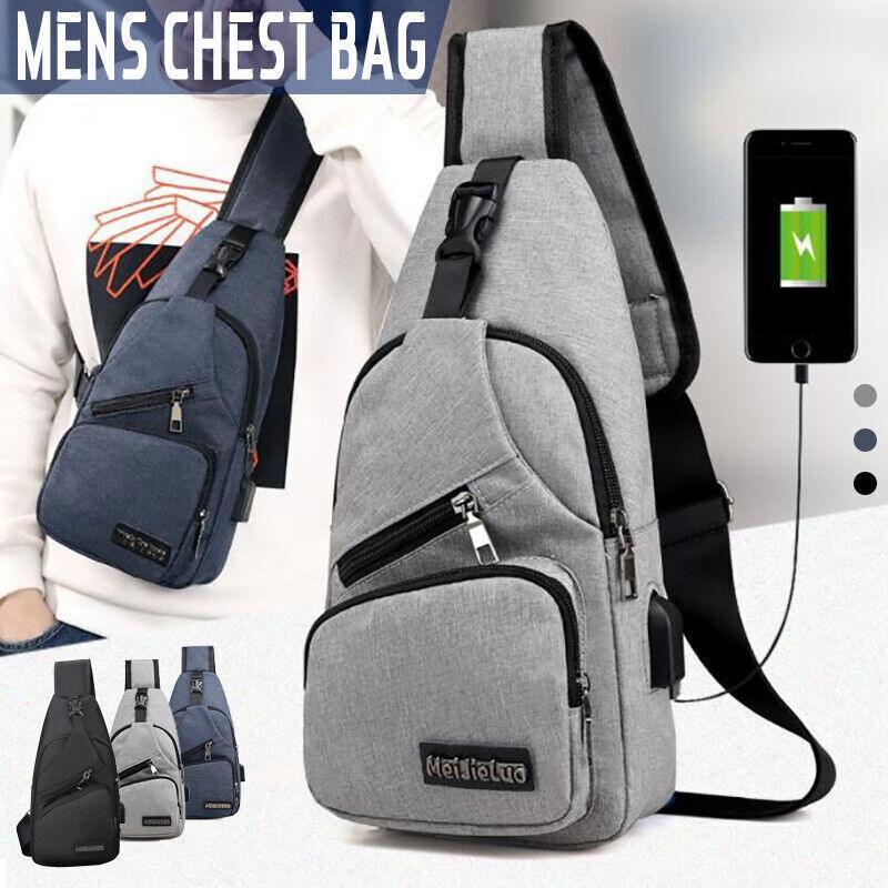 Men's Nylon Chest Bag Crossbody Sling with USB Interface - Grey - view 2