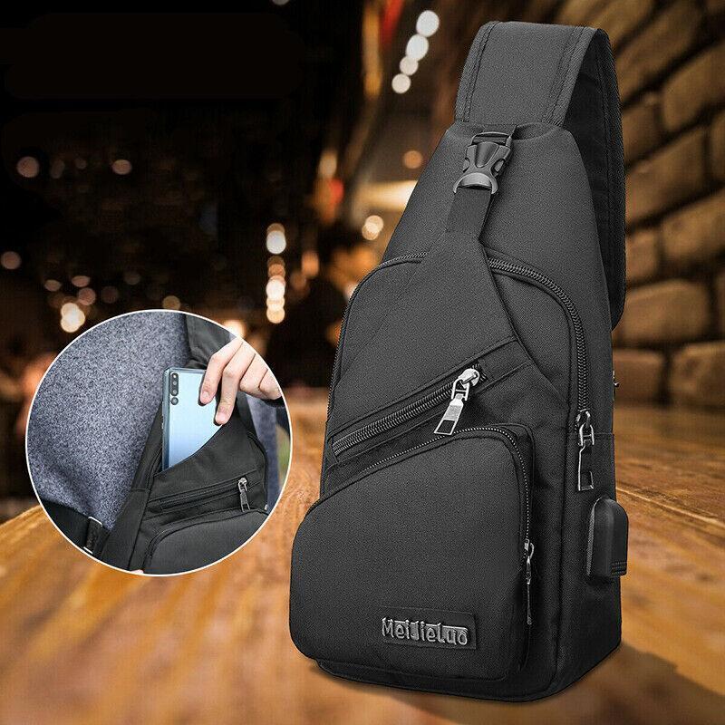 Men's Nylon Chest Bag Crossbody Sling with USB Interface - Grey - view 9