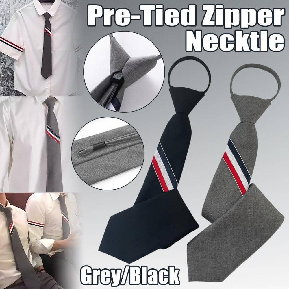 Men's Pre-Tied Zipper Tie, Slim Striped Cotton - Black - view 2