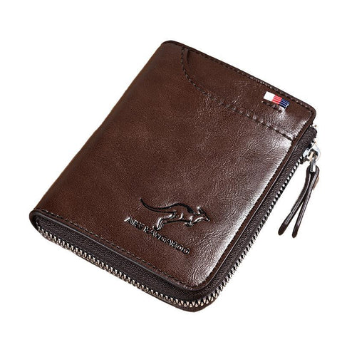 Men's RFID Blocking Zipper Short Wallet with 14 Card Slots - Brown