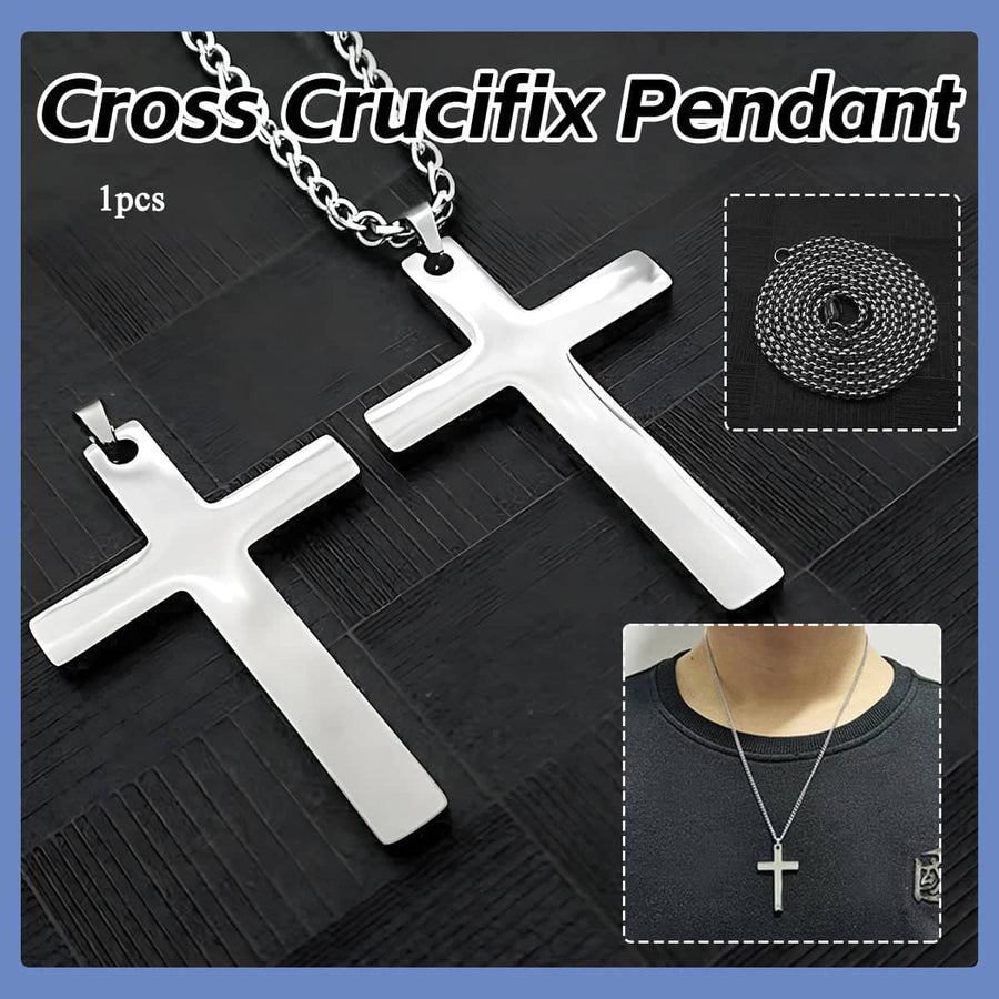Men's Silver Stainless Steel Cross Pendant Necklace with Long Chain