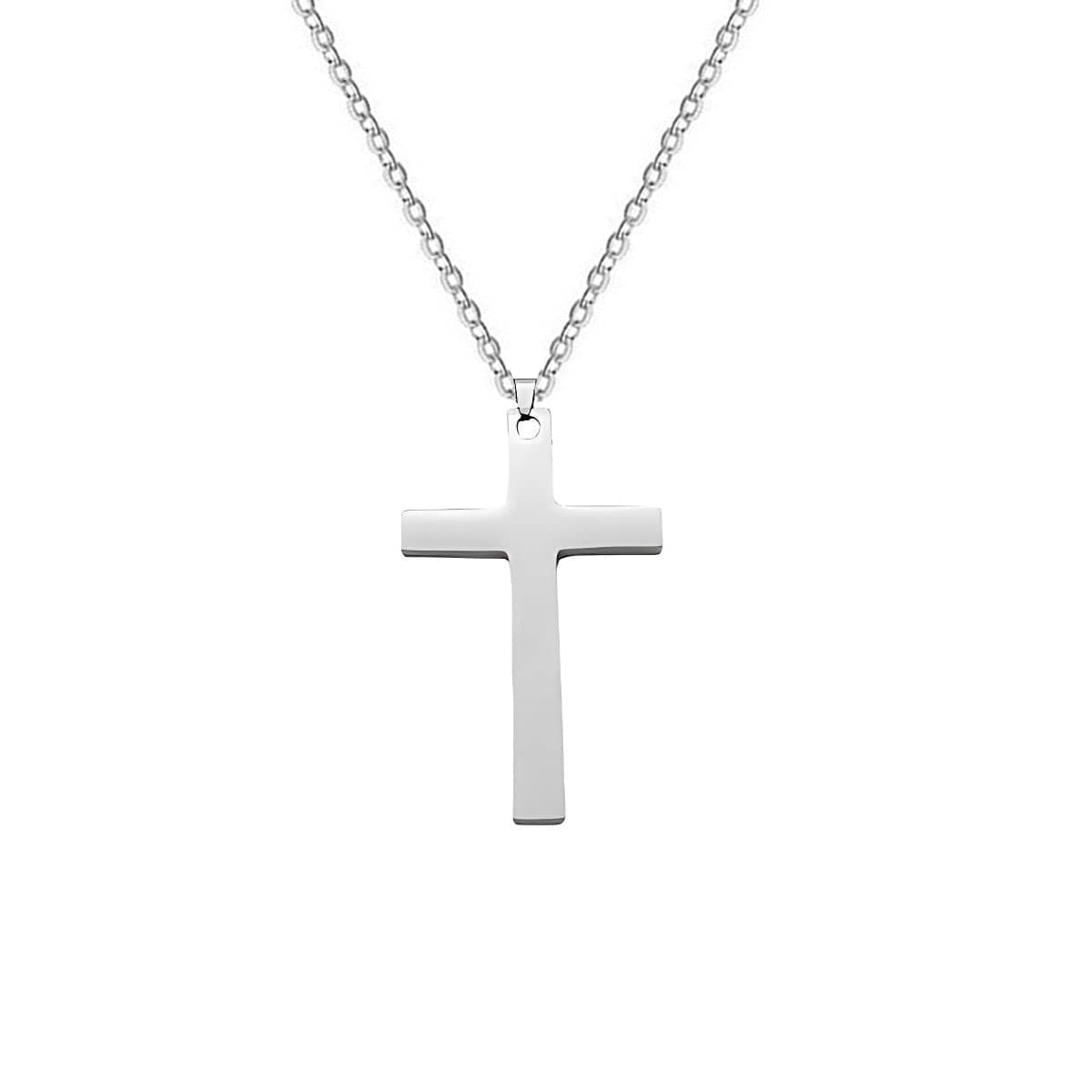 Men's Silver Stainless Steel Cross Pendant Necklace with Long Chain - view 2