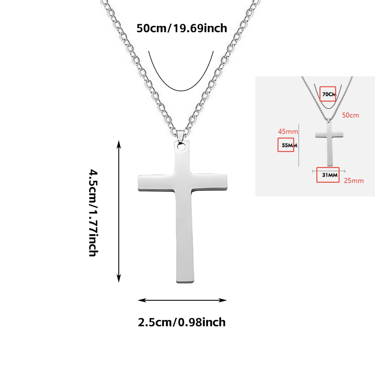 Men's Silver Stainless Steel Cross Pendant Necklace with Long Chain - view 3