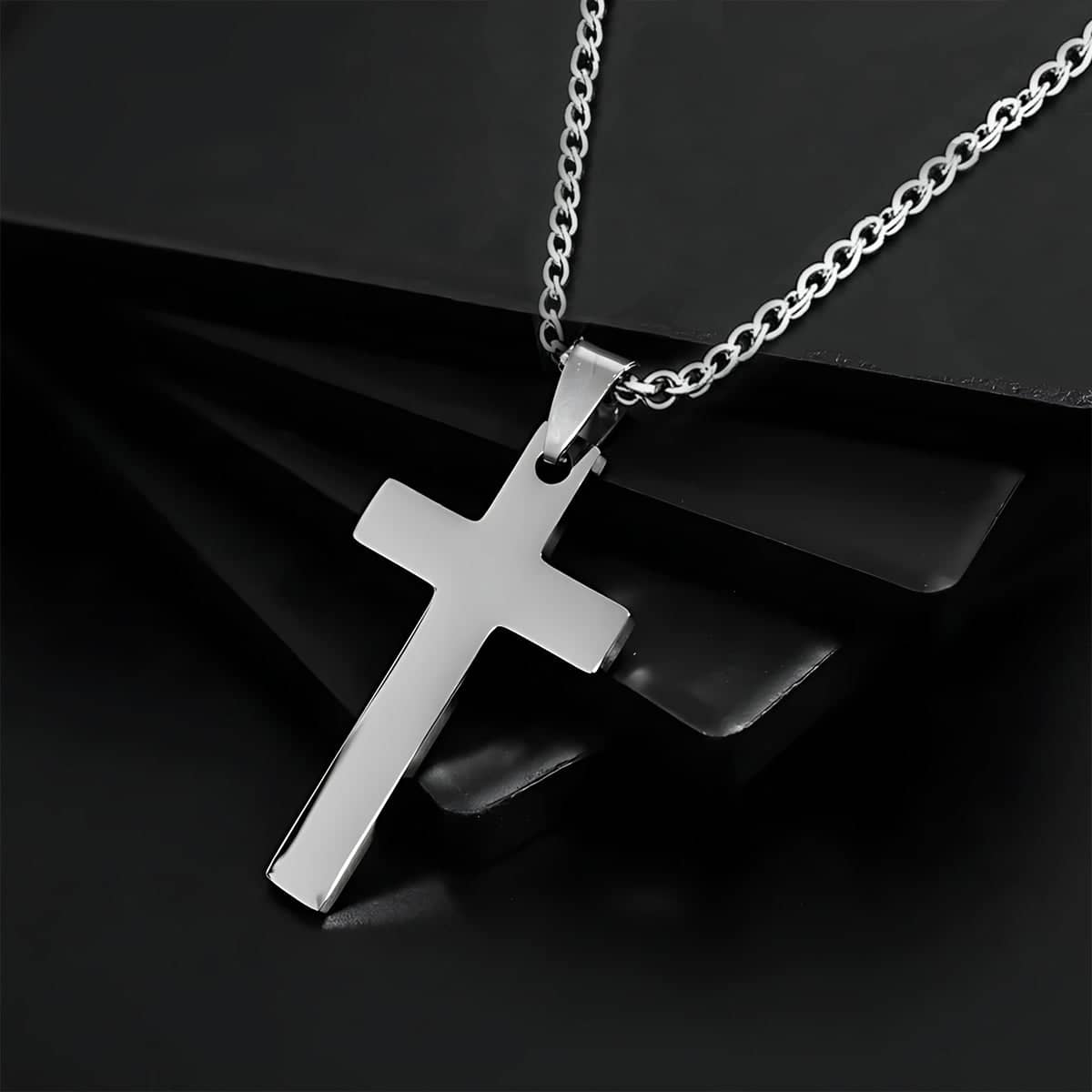 Men's Silver Stainless Steel Cross Pendant Necklace with Long Chain - view 5