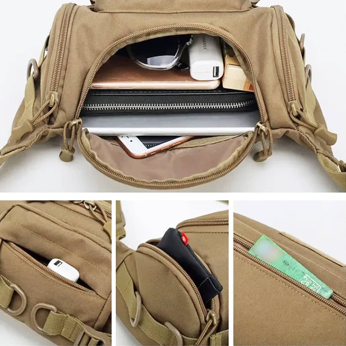 Men's Tactical Waist Bag Outdoor Crossbody Bag with Zip Pockets, Tan - view 5