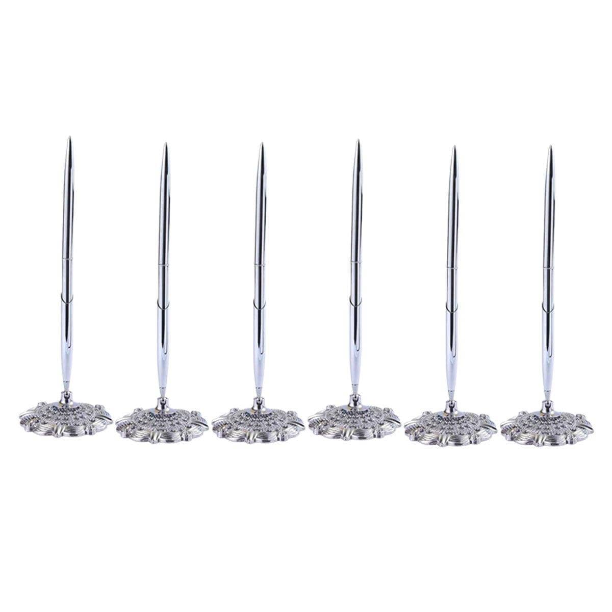 Metal Ballpoint Desk Pens with Plum Blossom Base - Silver, Pack of 6