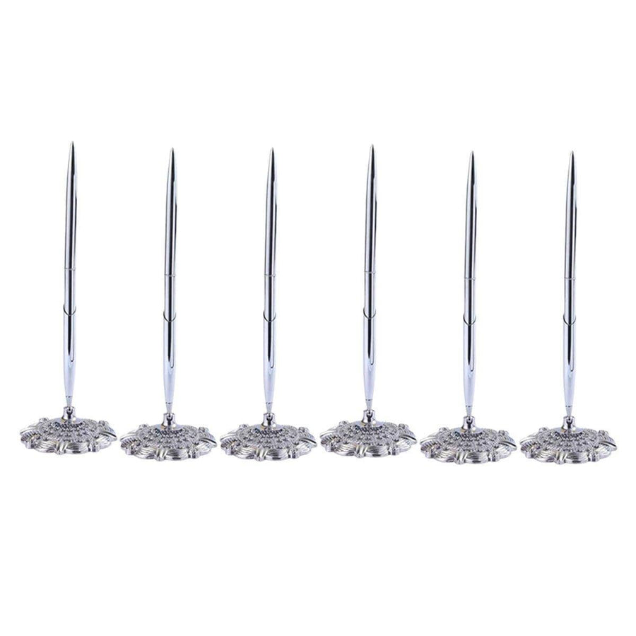 Metal Ballpoint Desk Pens with Plum Blossom Base - Silver, Pack of 6