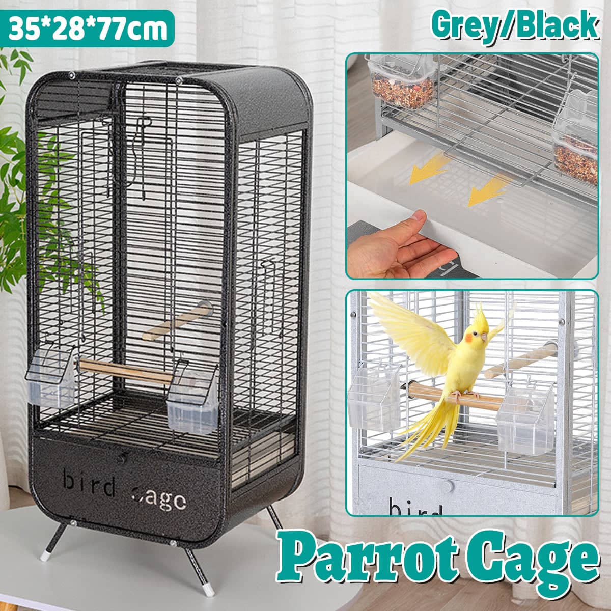 Metal Bird Cage with Perch and Feeder - Black - view 2