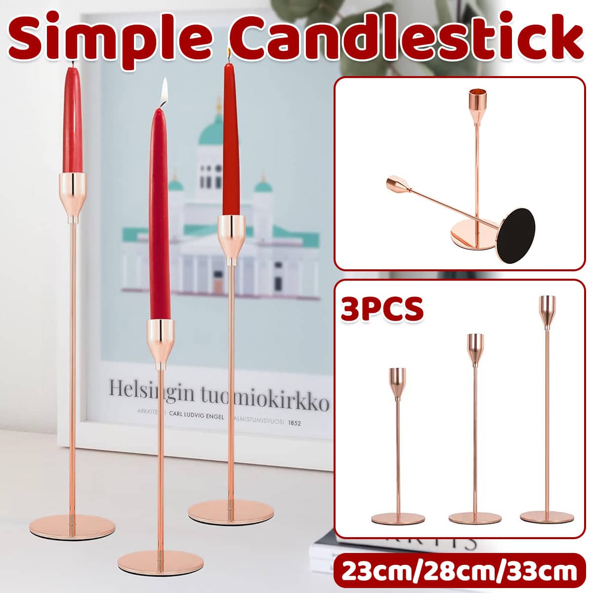 Metal Candle Holders Set of 3, Rose Gold Tabletop Decor