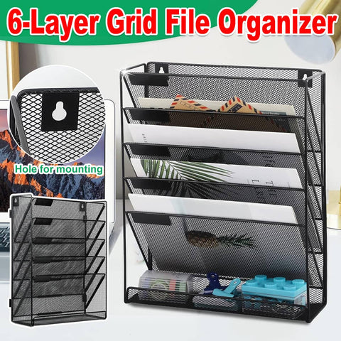 Metal Mesh Desktop File Organiser, 6 Layer Document Rack, Wall Mount or Free Standing