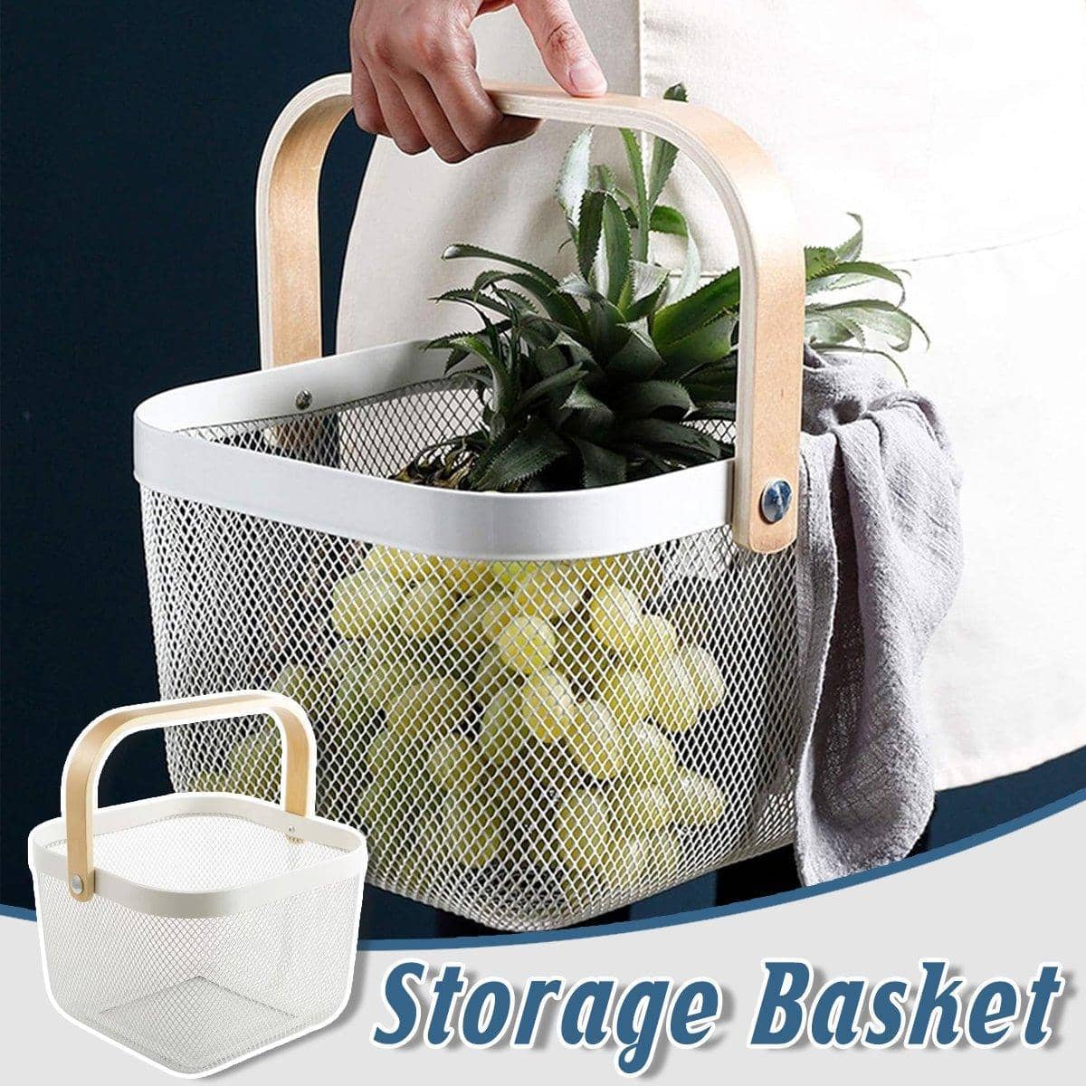 Metal Mesh Storage Basket with Wooden Handle for Fruit and Vegetables - White