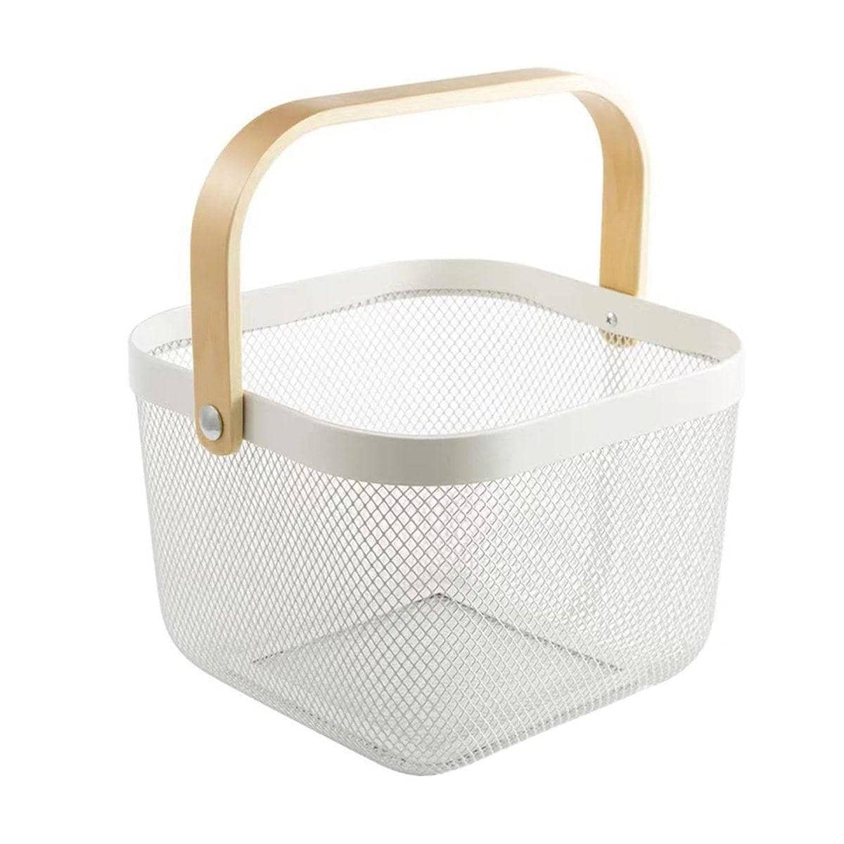 Metal Mesh Storage Basket with Wooden Handle for Fruit and Vegetables - White - view 2