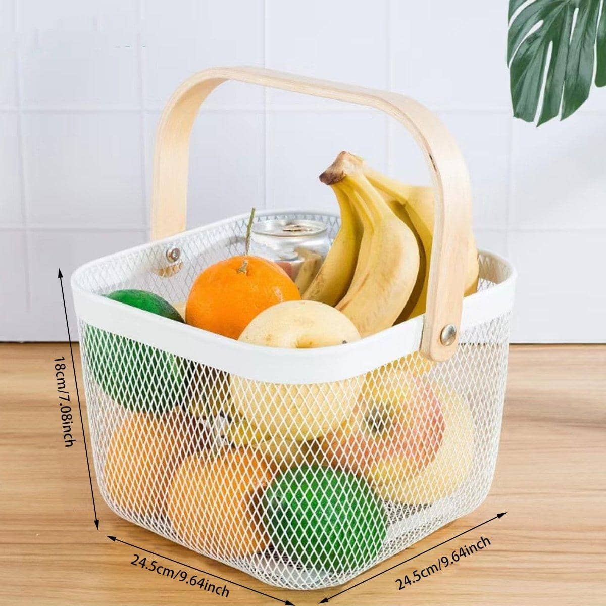Metal Mesh Storage Basket with Wooden Handle for Fruit and Vegetables - White - view 3