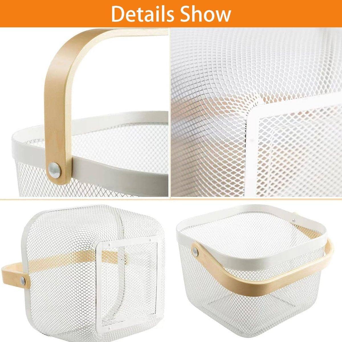 Metal Mesh Storage Basket with Wooden Handle for Fruit and Vegetables - White - view 4