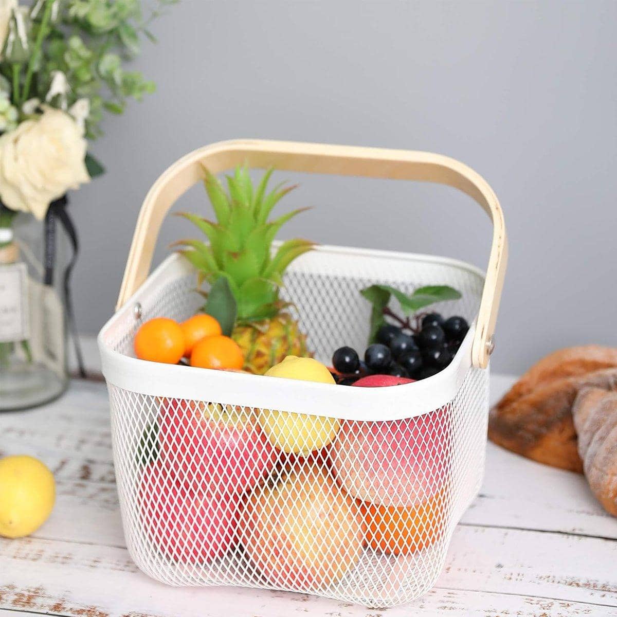 Metal Mesh Storage Basket with Wooden Handle for Fruit and Vegetables - White - view 5