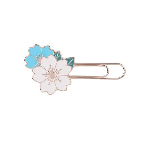 Metal Paper Clip Bookmark with Cherry Blossom Design - White