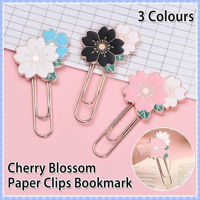 Metal Paper Clip Bookmark with Cherry Blossom Design - White - view 2
