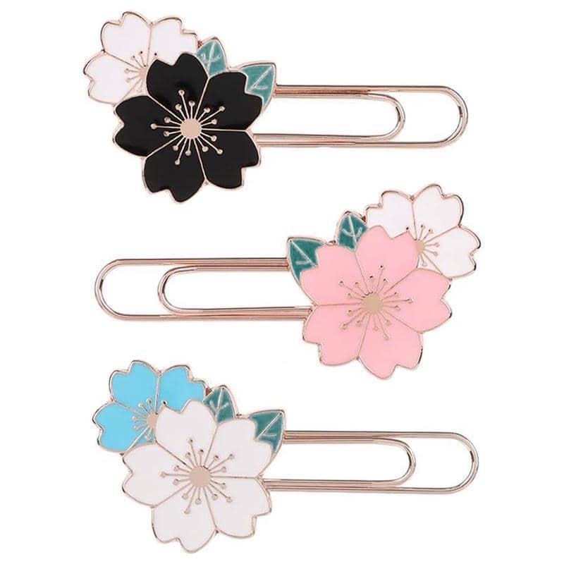 Metal Paper Clip Bookmark with Cherry Blossom Design - White - view 3