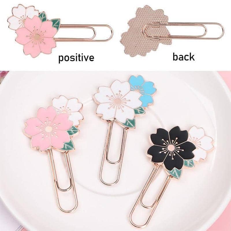 Metal Paper Clip Bookmark with Cherry Blossom Design - White - view 5