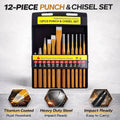 Metal Punch and Chisel Tool Set of 12 with Titanium Coating and Storage Case