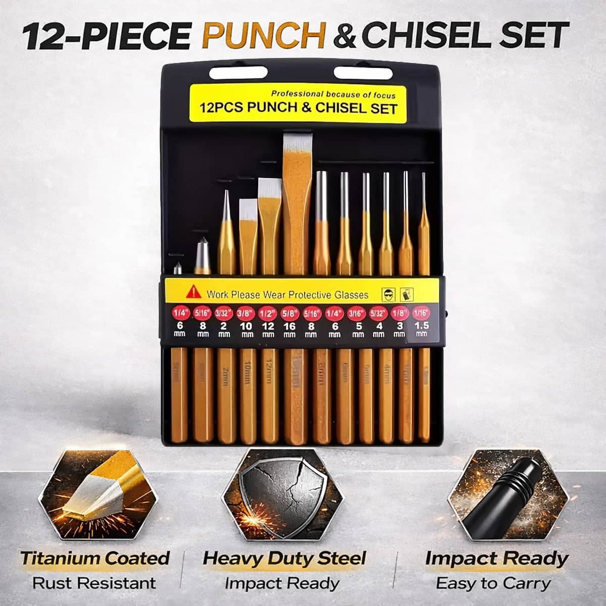 Metal Punch and Chisel Tool Set of 12 with Titanium Coating and Storage Case