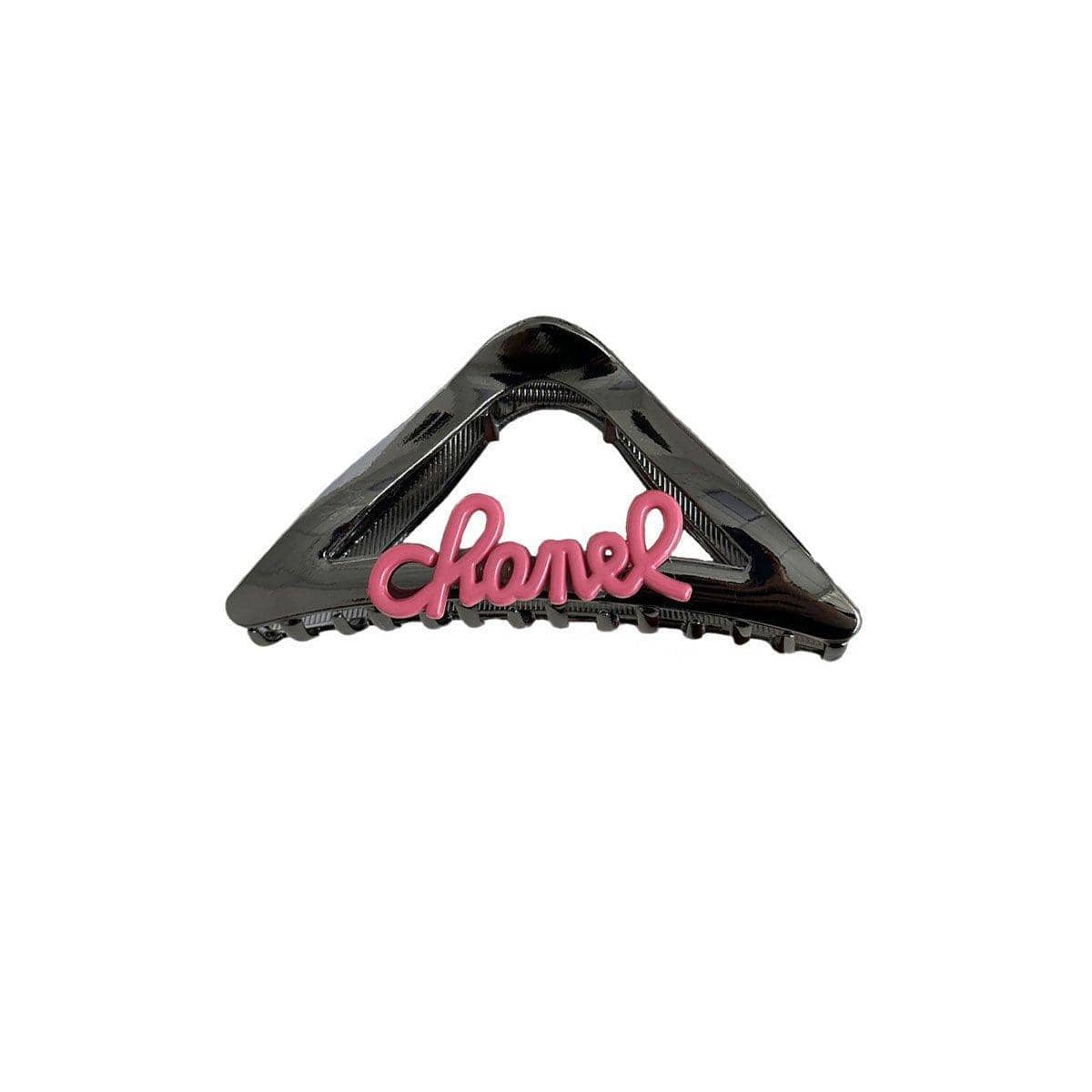 Metal Triangle Shark Hair Clip - Glossy Gunmetal Black with Rose Pink Script